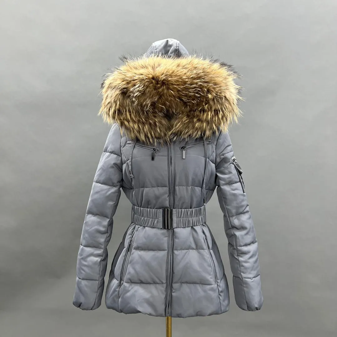 Grey/Natural Fur Luxury Fur Padded Belted Coat