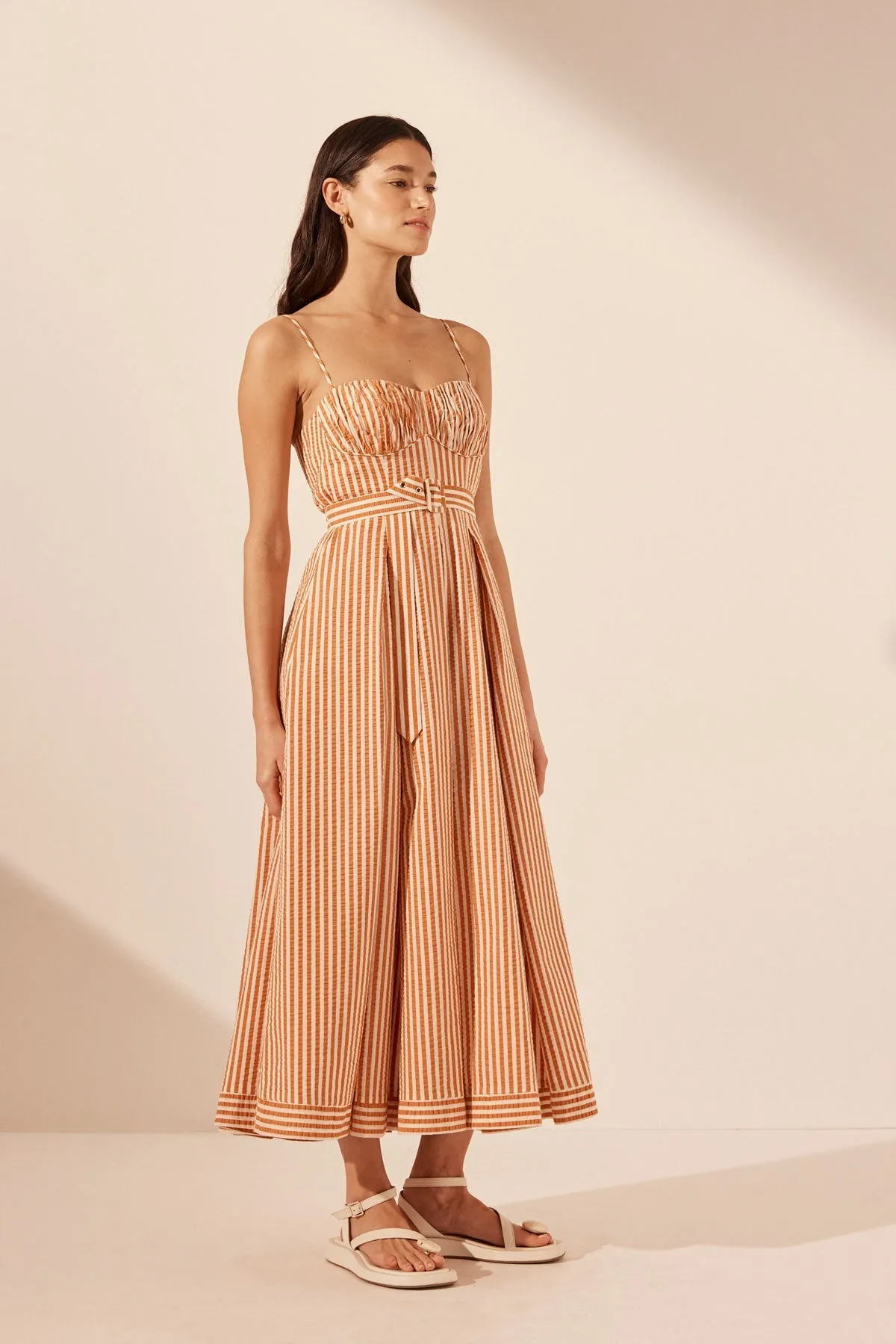 HELE RUCHED PANELLED MIDI DRESS - COCONUT / TANGERINE