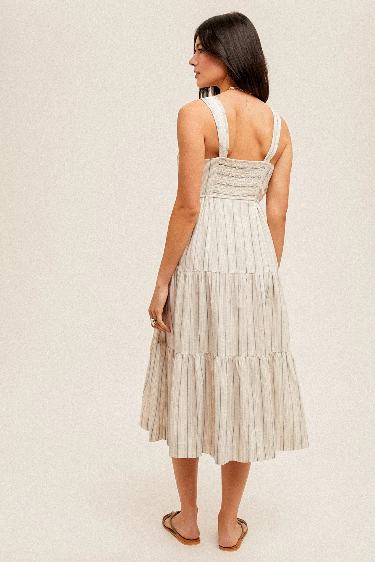 Hem & Thread Sweetheart Buttonfront Striped Tiered Midi Dress