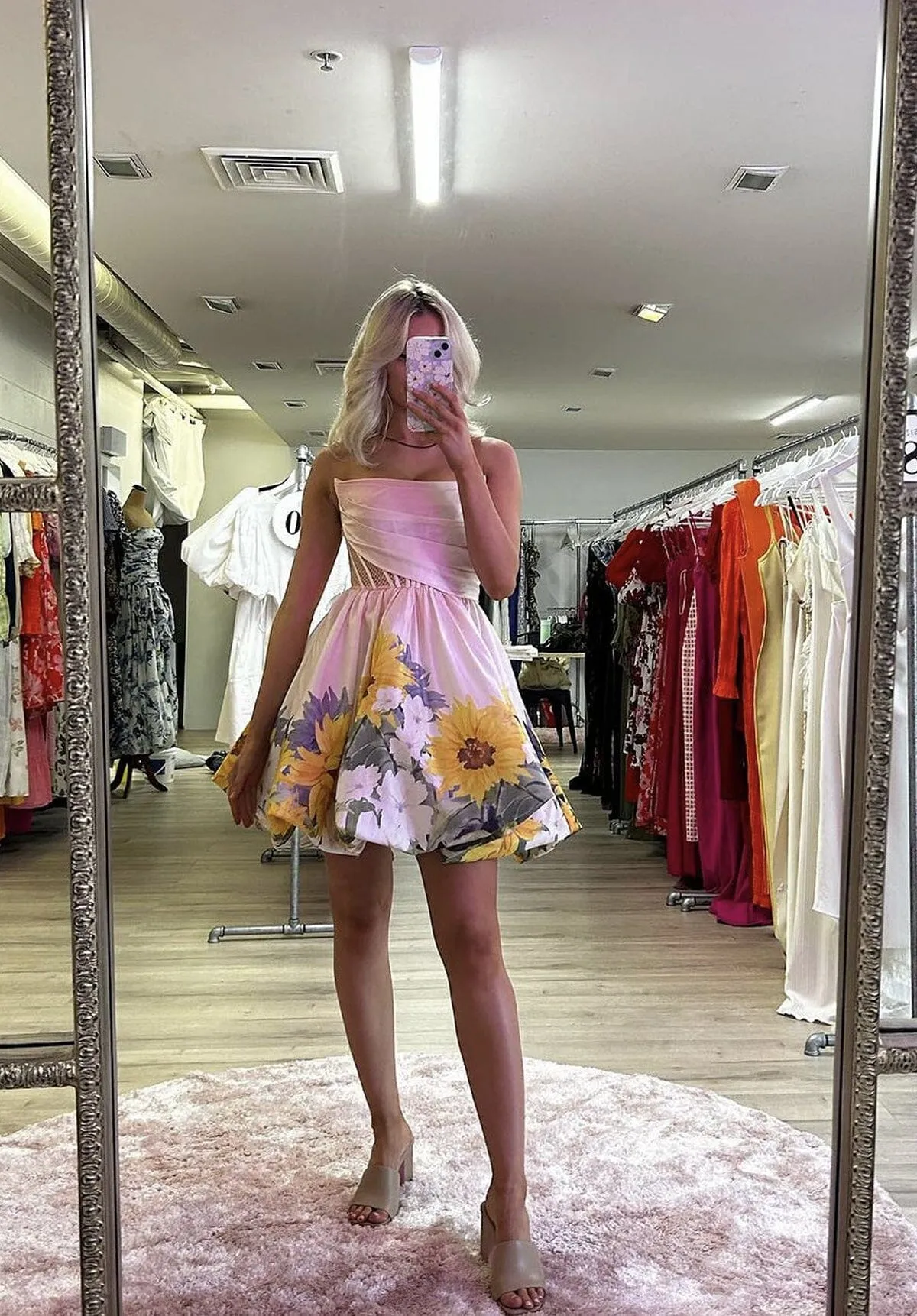 Katy Bustier Mini Dress - Sunflower Print in Pink