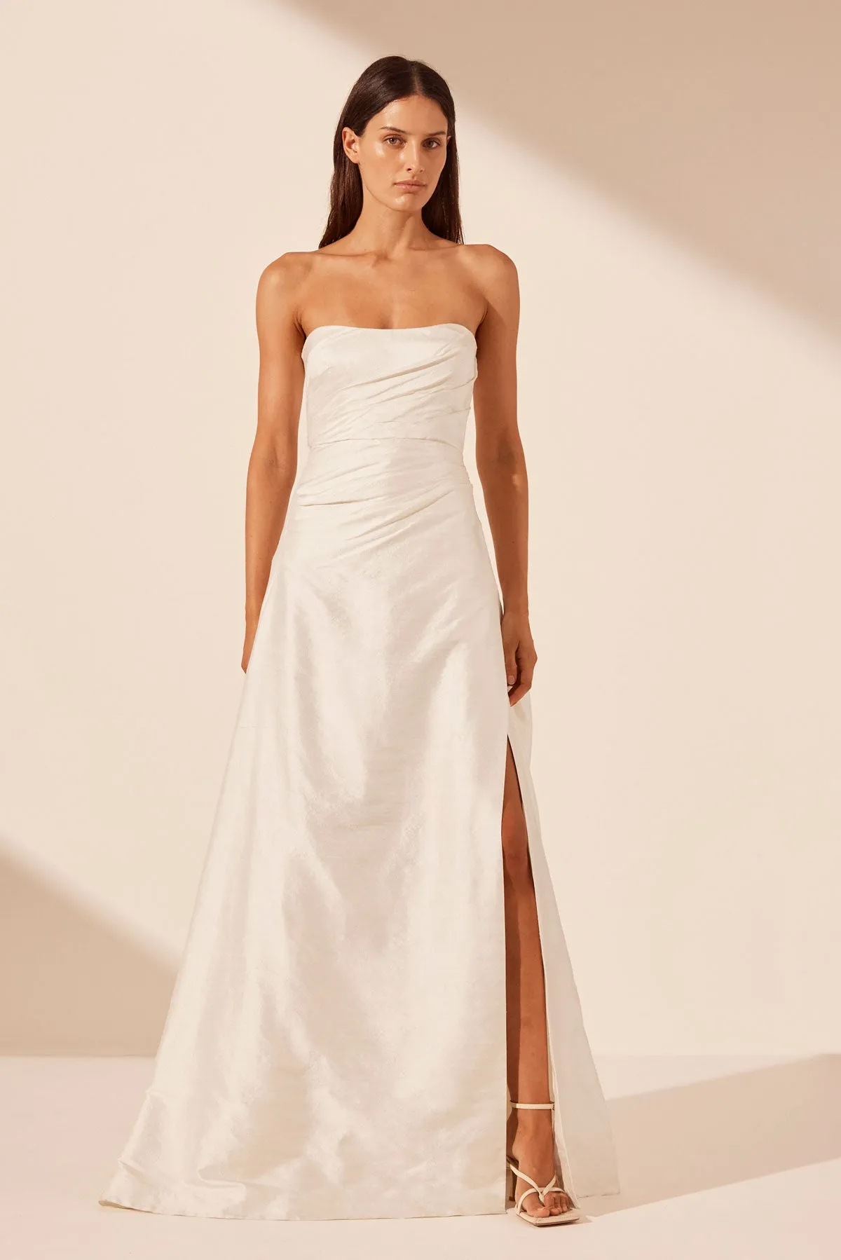 LA LUNE LUCERO SILK DRAPED CORSET SPLIT MAXI DRESS - IVORY