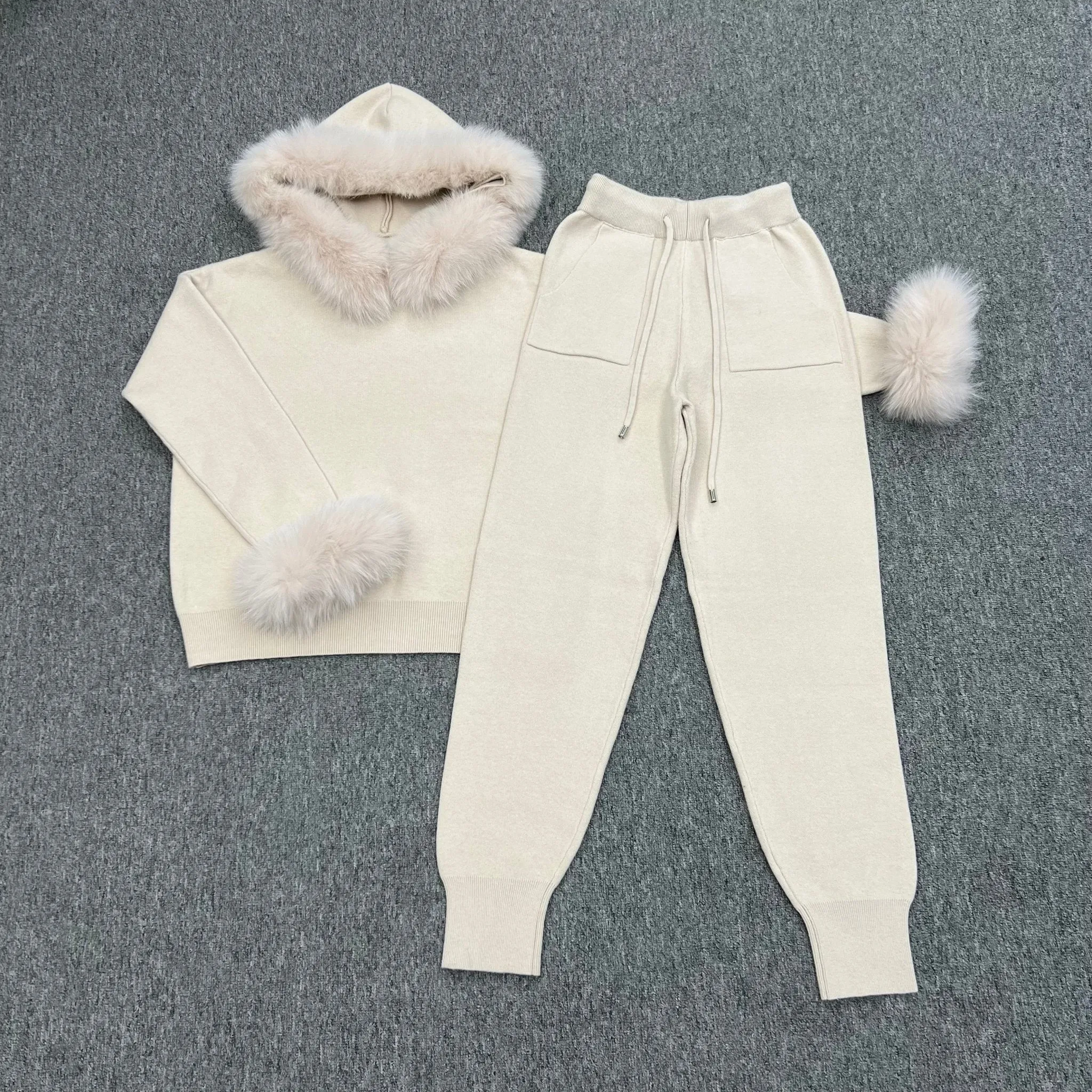 Light Beige Luxury Fur Trim Hood & Cuff Jogger Tracksuit