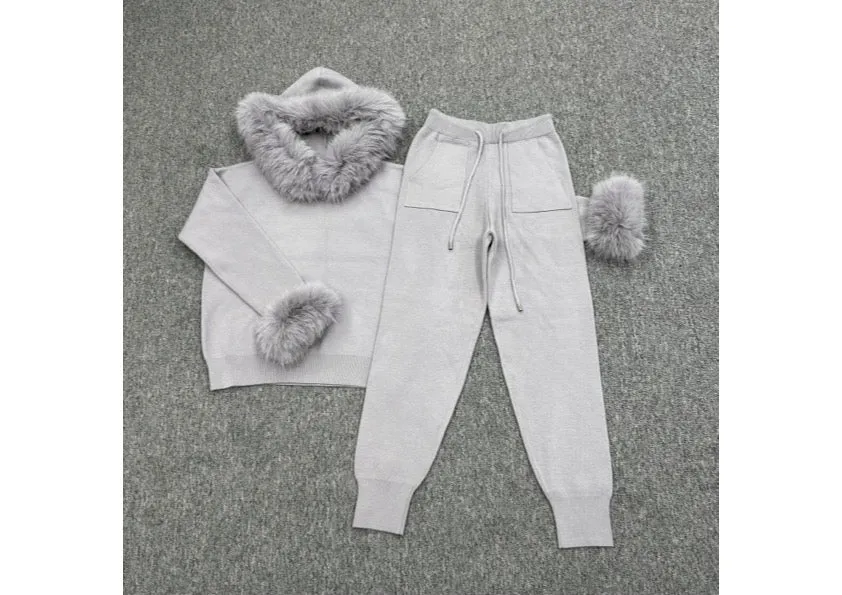 Light Grey Faux Fur Trim Hood & Cuff Tracksuit