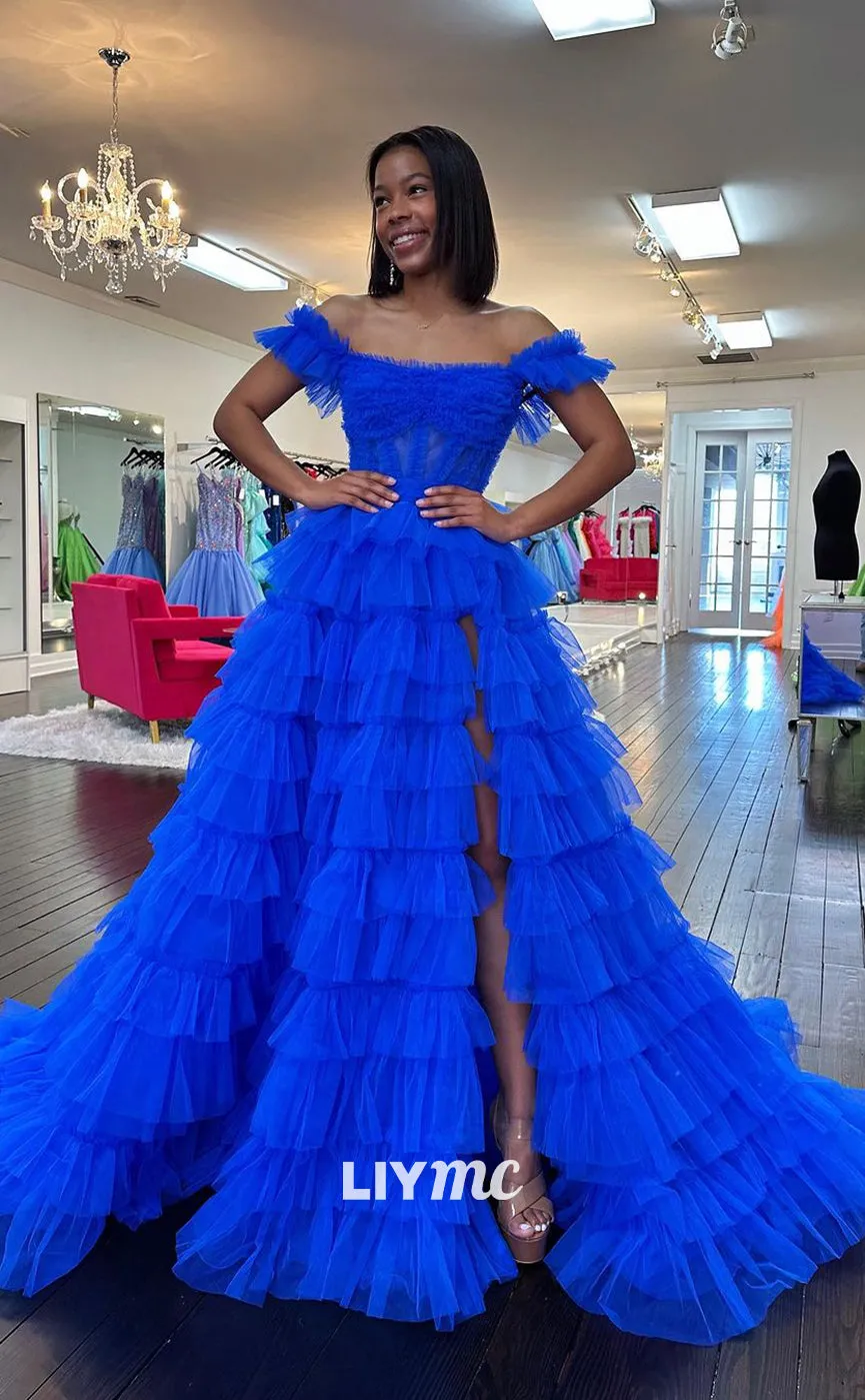 LP1149 - A Line Off Shoulder Tulle Ruffles Long Formal Prom Dress with Slit