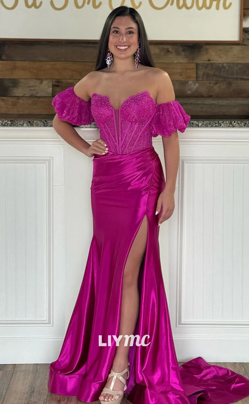 LP1792 - Sweetheart Sleeveless Appliques Pleated Sleek Satin High Slit Sexy Prom Dress