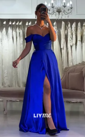 LP1982 - Royal Blue Off-Shoulder Sleek Stin High Slit A-Line Prom Dress