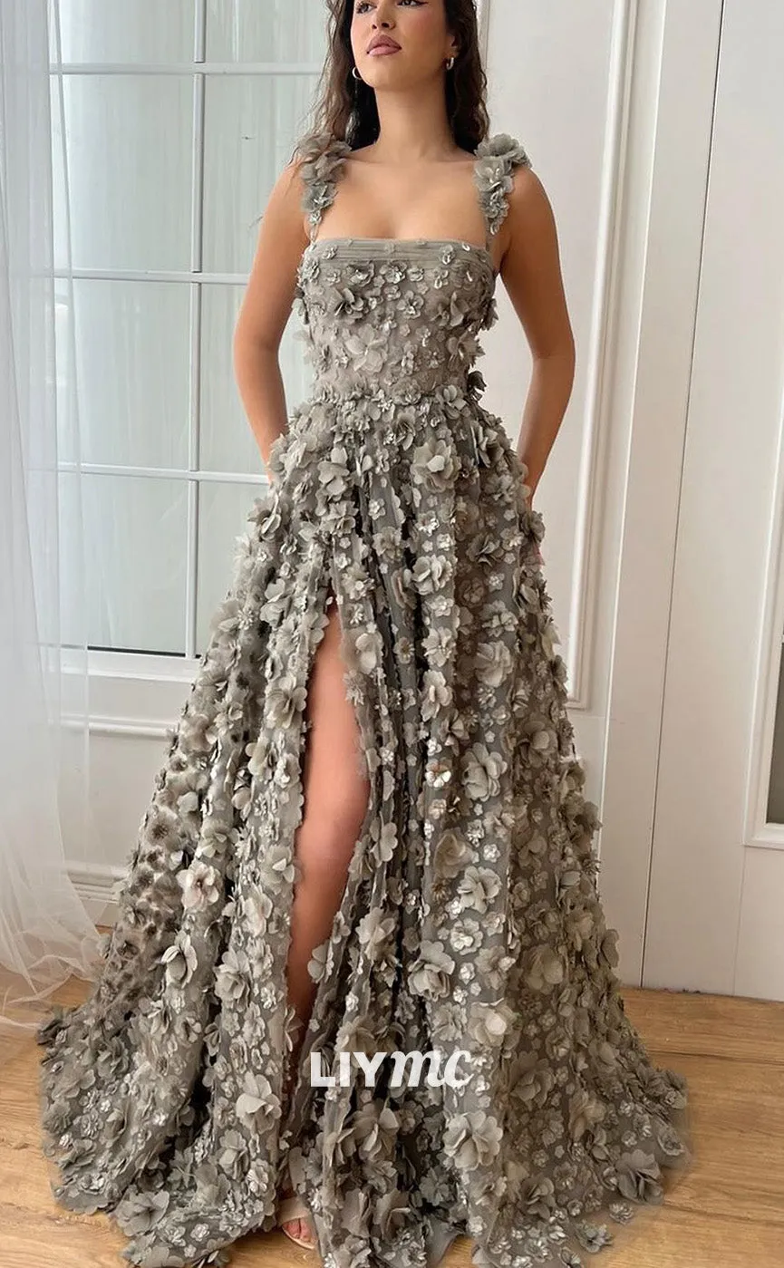 LP2190 - Square Sleeveless Floral Embellished High Slit A-Line Prom Dress