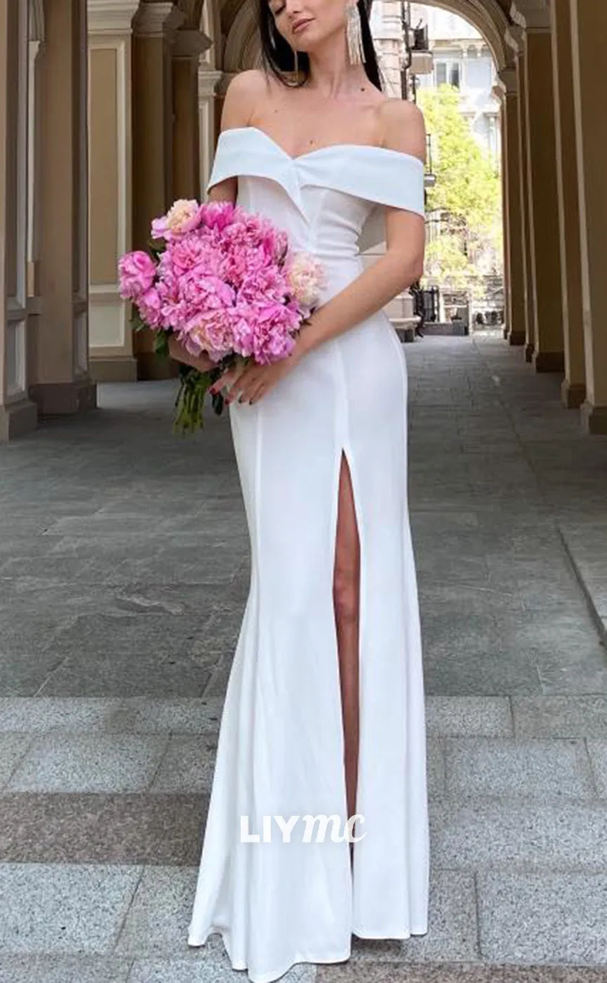 LP2197 - Off-Shoulder Strapless Sleek Satin High Slit Prom Dress