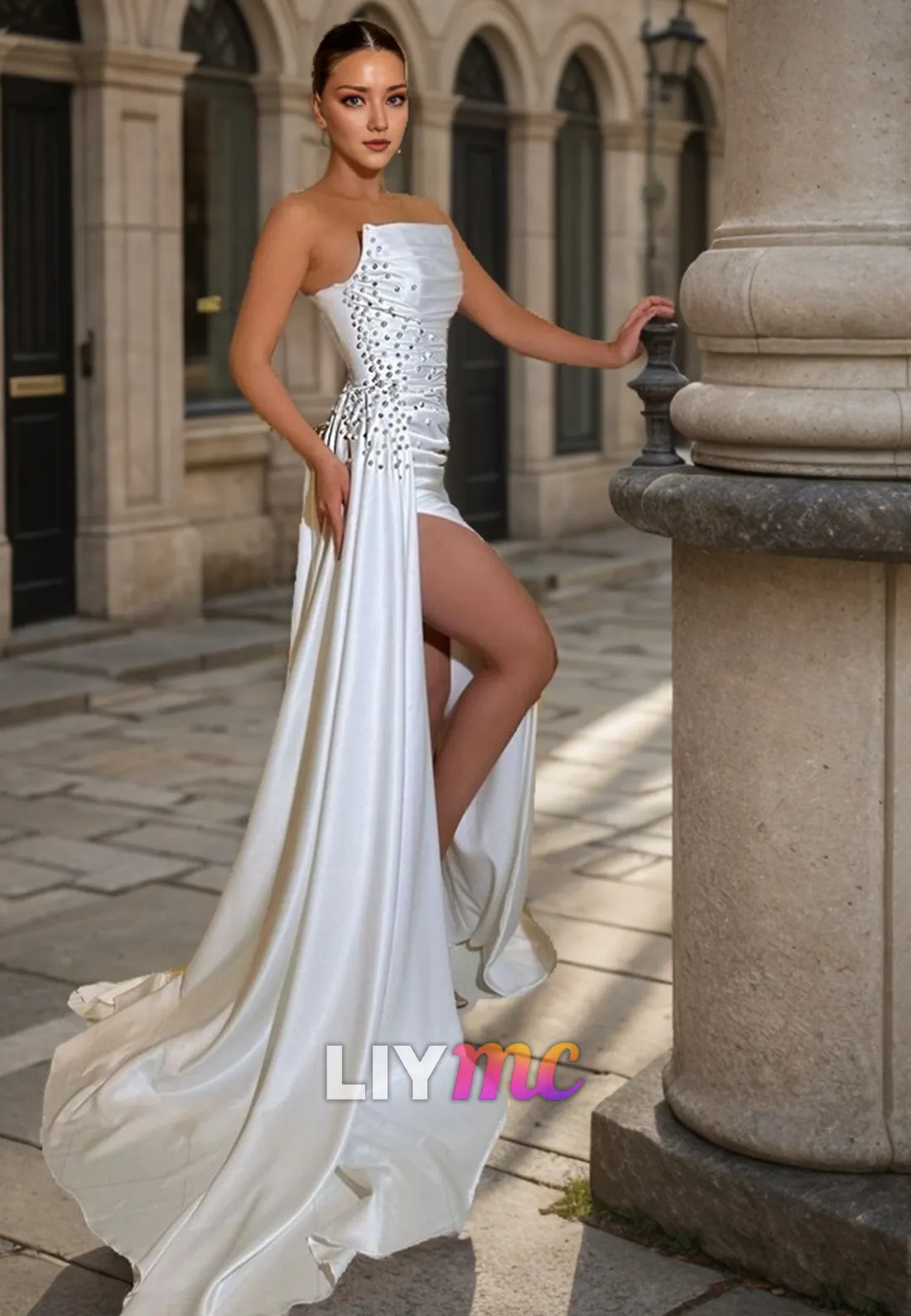 LP2297 - Straight Across Sleeveless Beaded Pleated High Slit Prom Dress