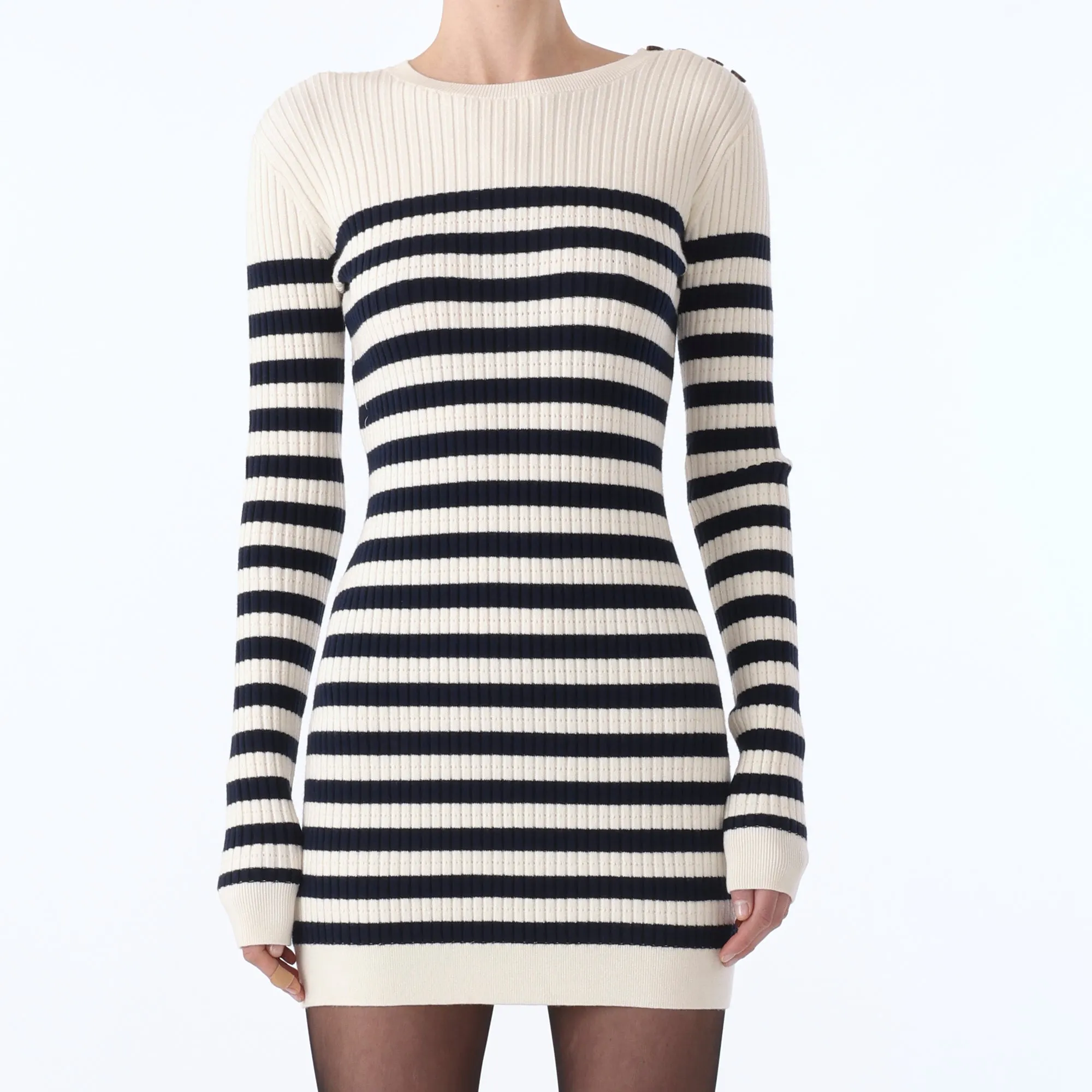 L/S CREW NECK STRIPED KNIT DRESS w/ BUTTON DETAIL