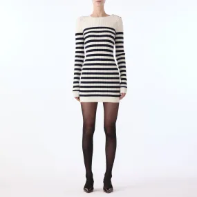 L/S CREW NECK STRIPED KNIT DRESS w/ BUTTON DETAIL