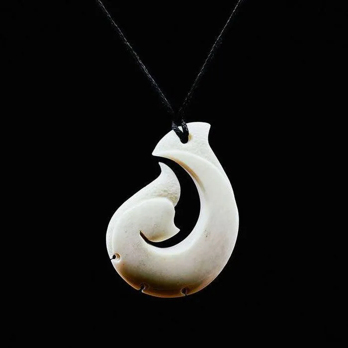 Maori Made Bone Notched Hook Whale Tail  Necklace