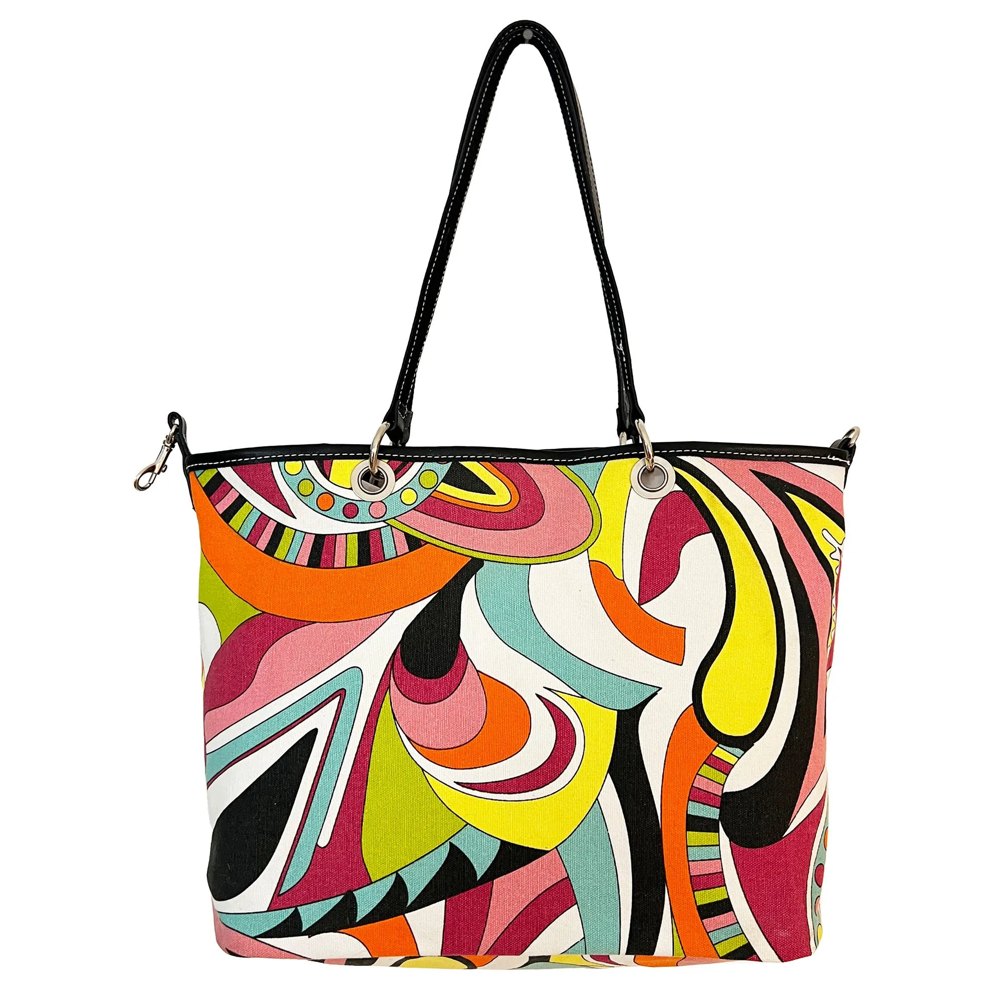 Mod Hippie Canvas Shoulder Bag, Reversible - Psychedelic Pattern & Solid Black