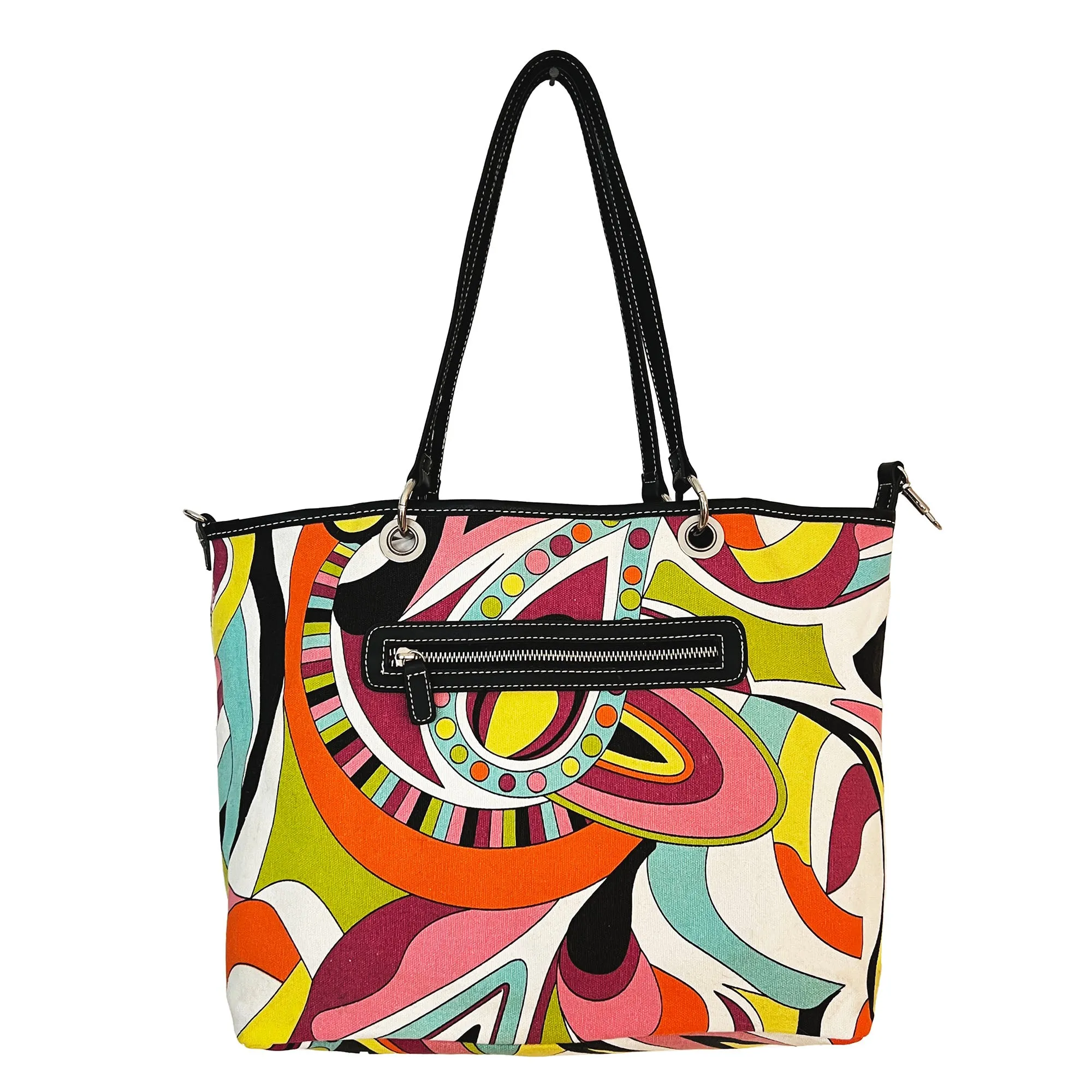 Mod Hippie Canvas Shoulder Bag, Reversible - Psychedelic Pattern & Solid Black