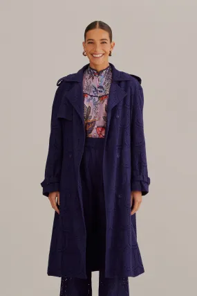 Navy Blue Pineapple Cotton Eyelet Trench Coat