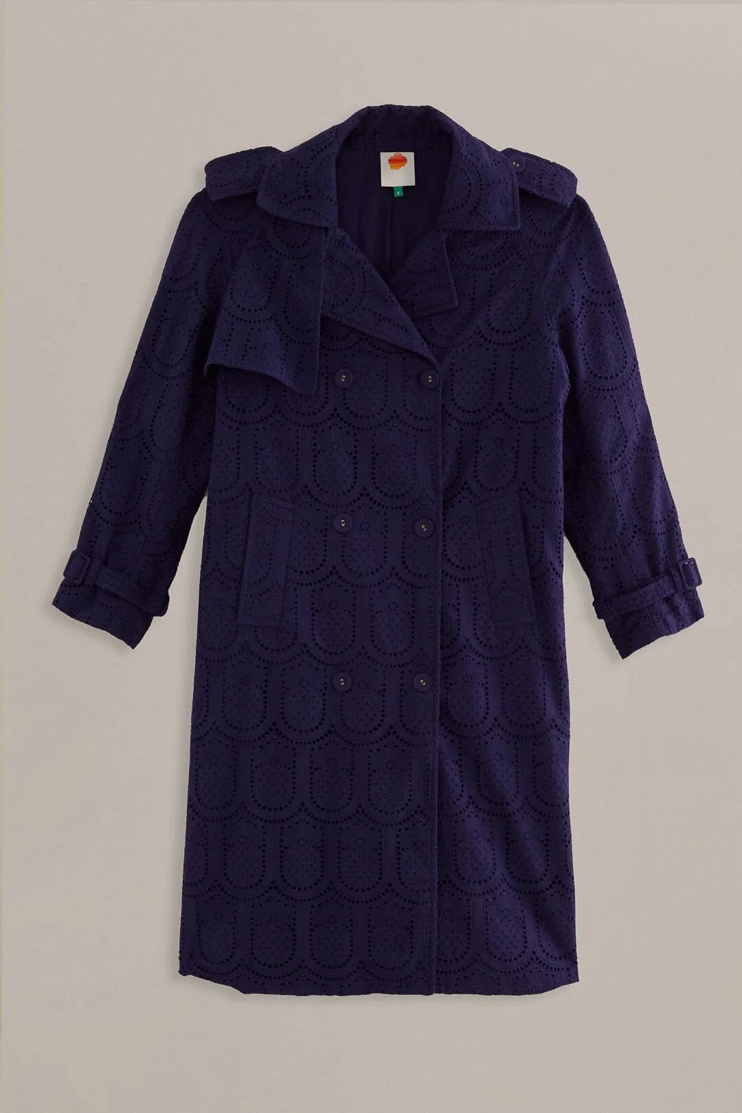 Navy Blue Pineapple Cotton Eyelet Trench Coat