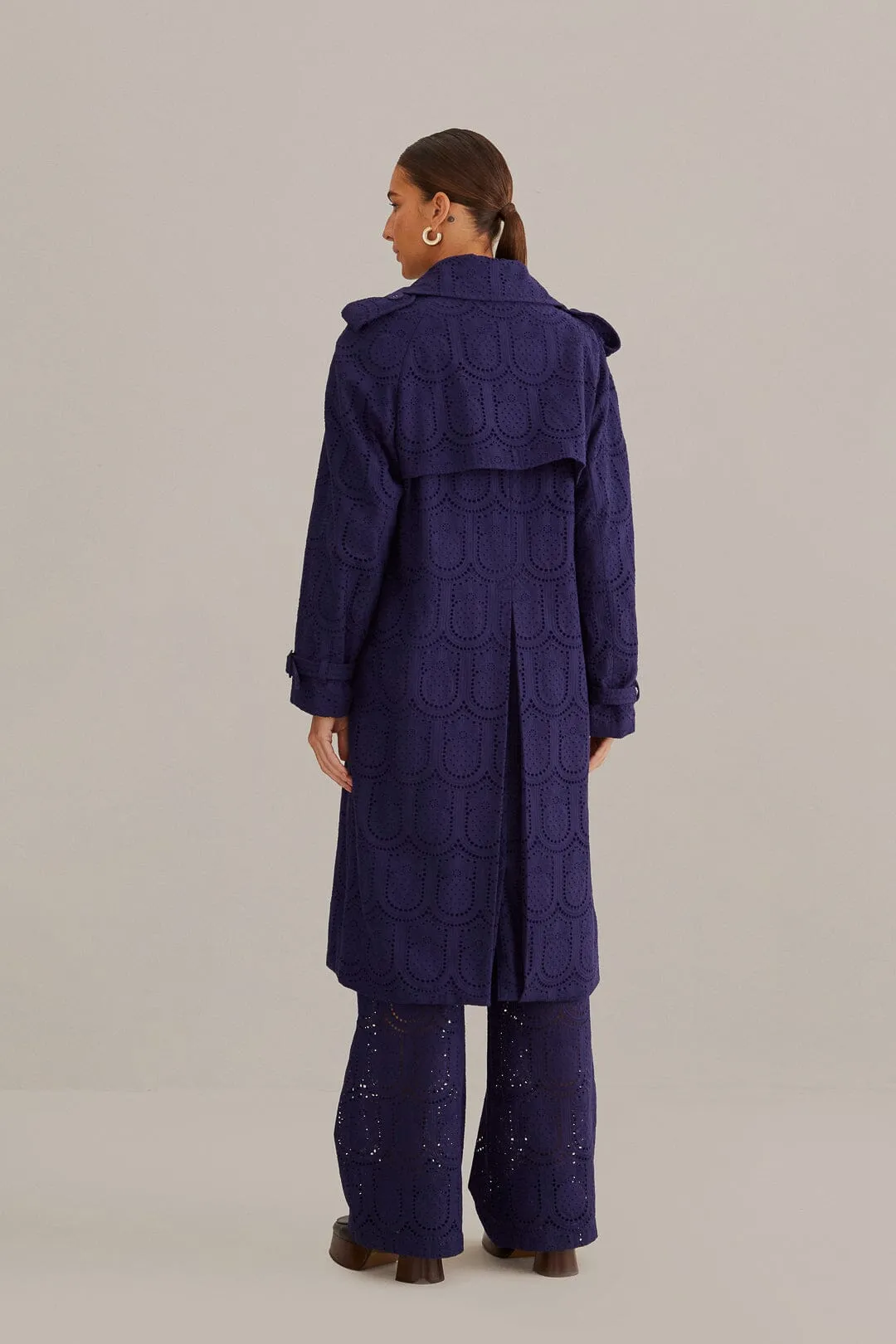 Navy Blue Pineapple Cotton Eyelet Trench Coat