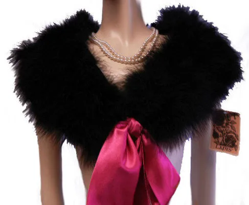 *NEW - GORGEOUS LAPIS MARABOU FEATHER & SATIN STOLE OR BED JACKET IN JET BLACK WITH LONG HOT PINK SATIN TIES - NEW WITH TAG