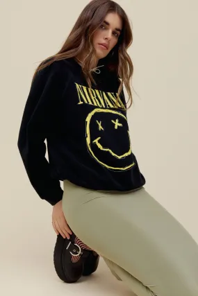 Nirvana Smiley Reverse Raglan Crew in Black Onyx