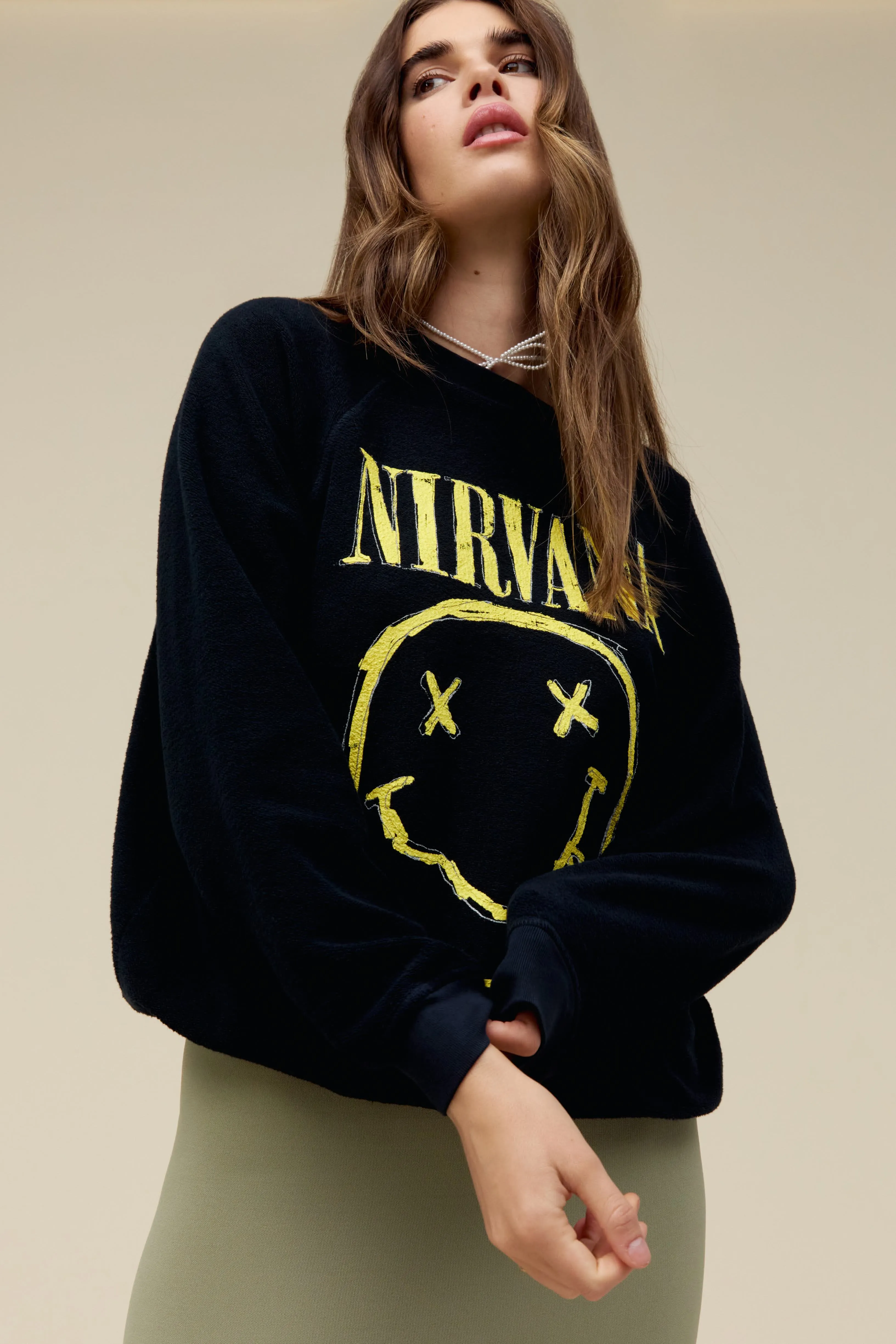 Nirvana Smiley Reverse Raglan Crew in Black Onyx