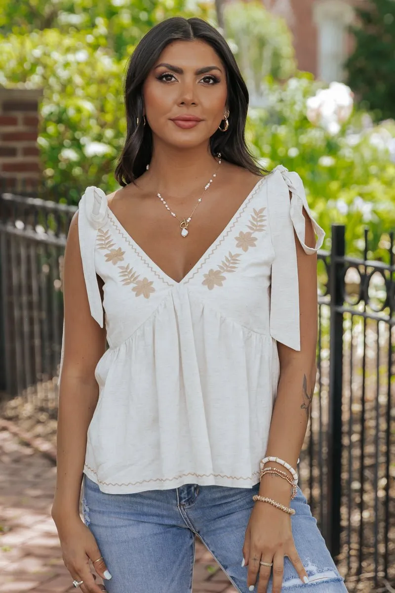 Oatmeal Embroidered Linen Top - FINAL SALE