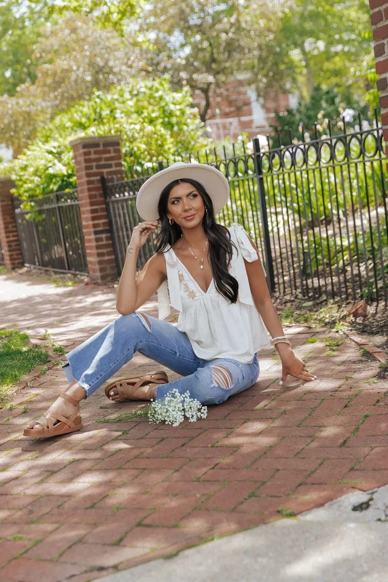 Oatmeal Embroidered Linen Top - FINAL SALE