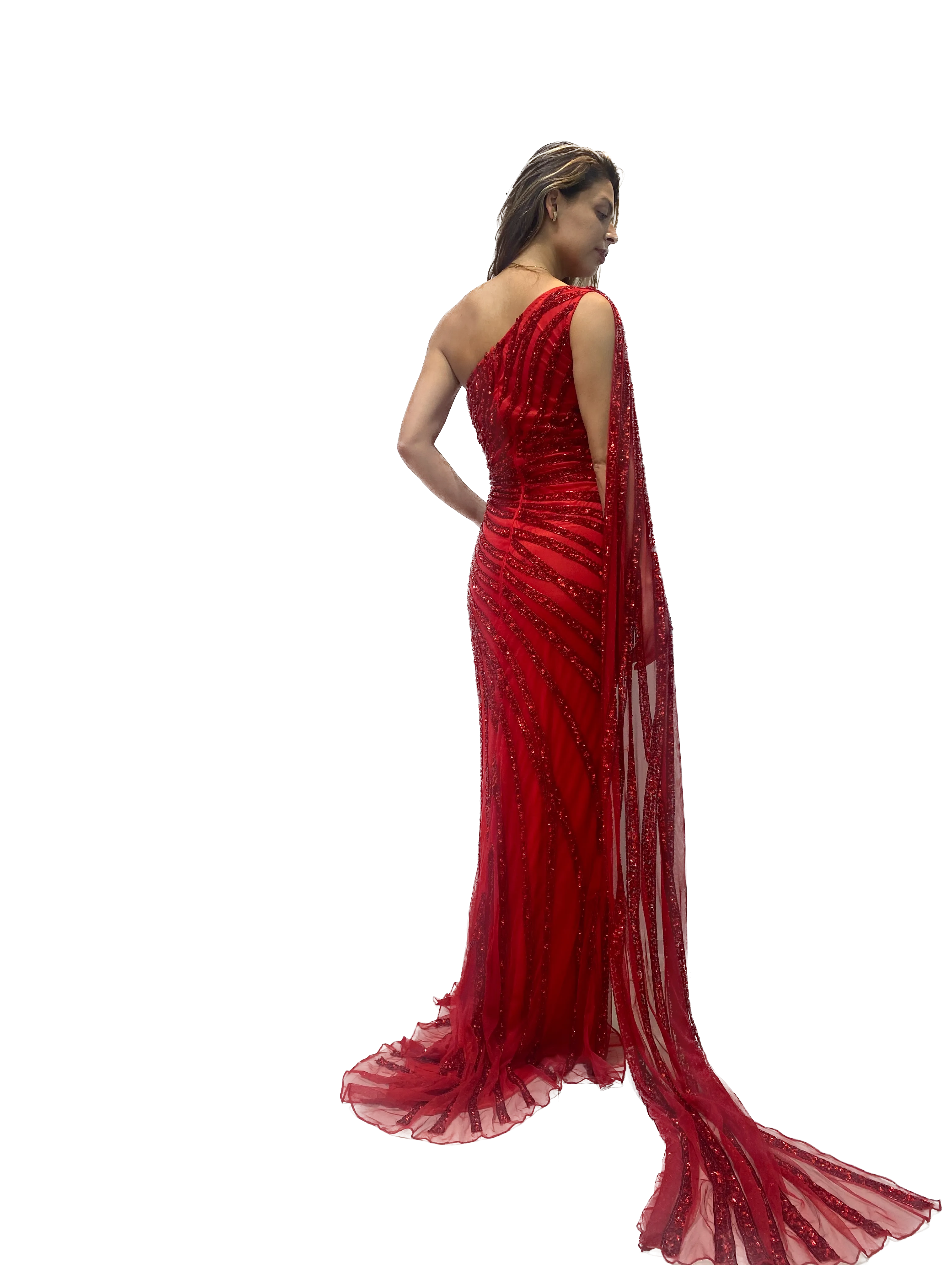 One Shoulder Beaded Evening Dress