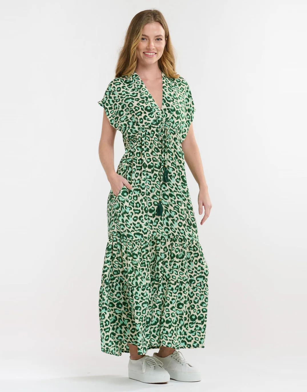 Patchwork Midi Dress - Green Leopard