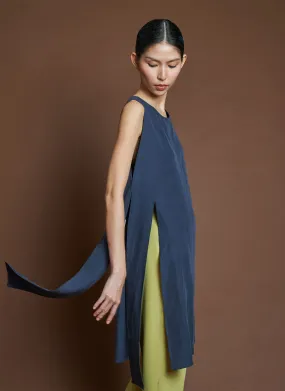 Peach Sleeveless Side Slit   Split Tie Tunic/Top - Dark Blue