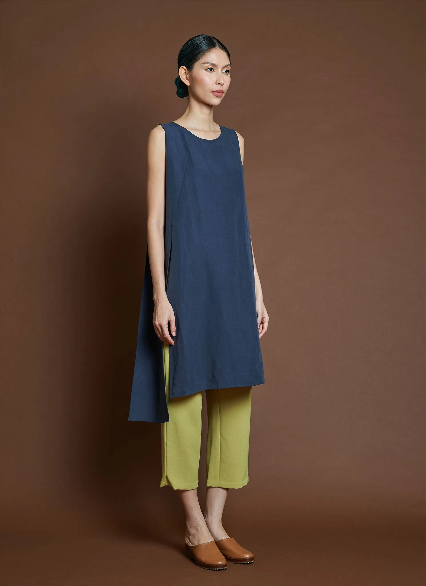 Peach Sleeveless Side Slit   Split Tie Tunic/Top - Dark Blue