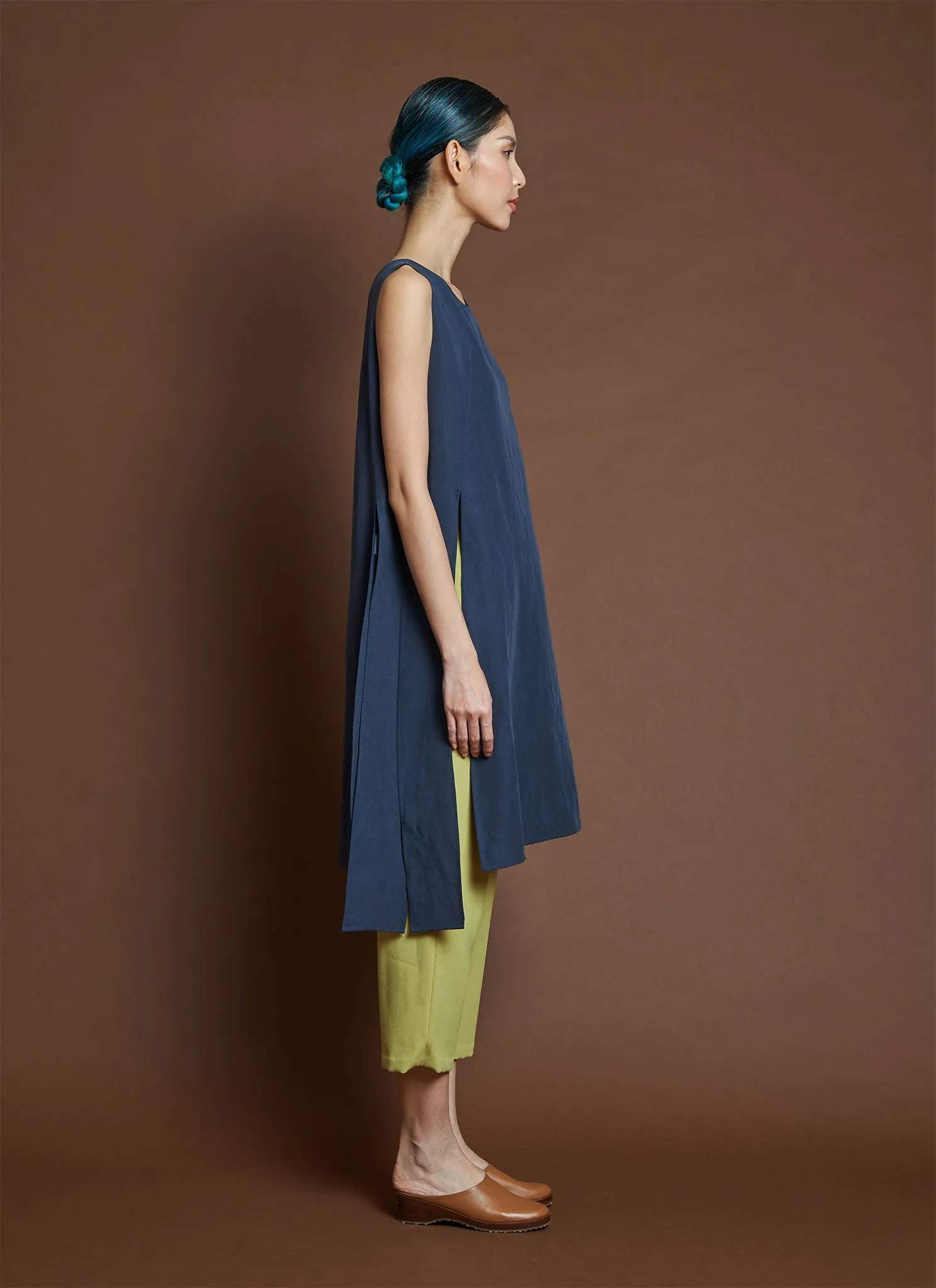 Peach Sleeveless Side Slit   Split Tie Tunic/Top - Dark Blue