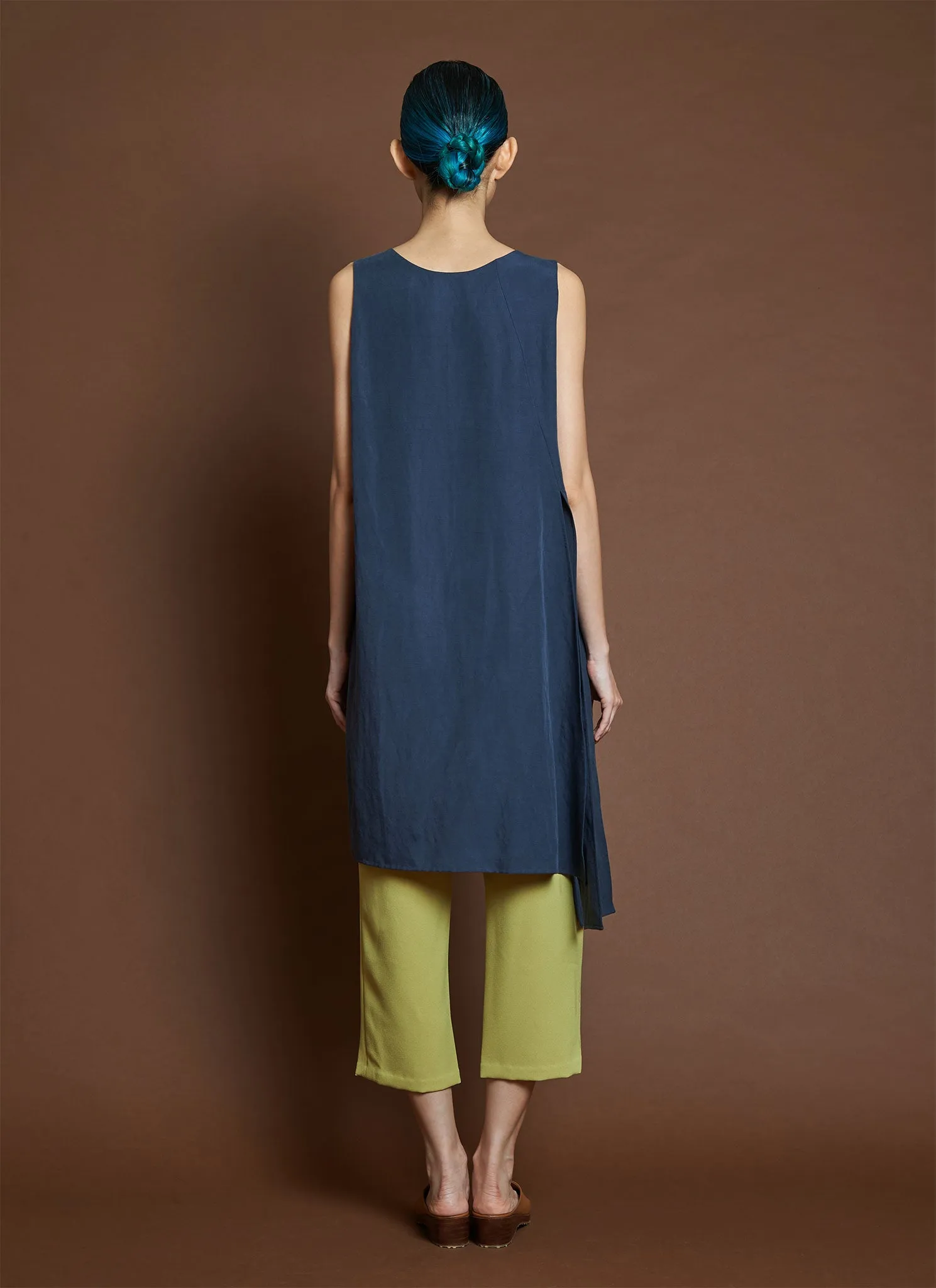 Peach Sleeveless Side Slit   Split Tie Tunic/Top - Dark Blue