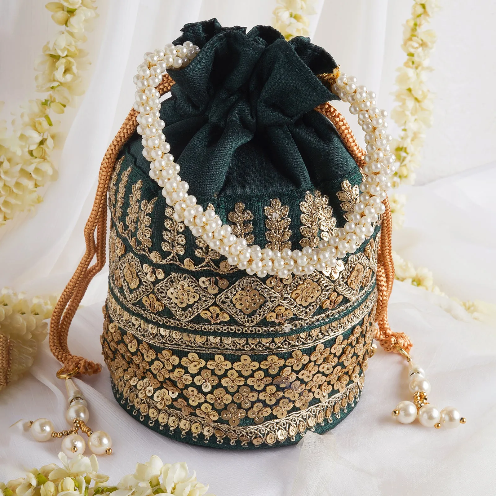 Royal Affair Bottle Green Embroidered Potli Bag