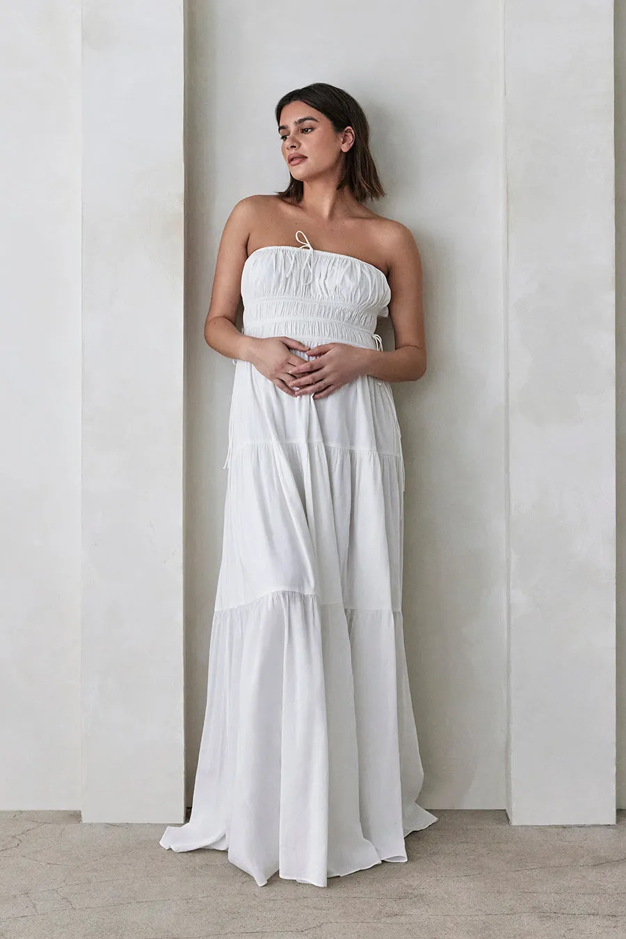 Shirred Strapless Gown