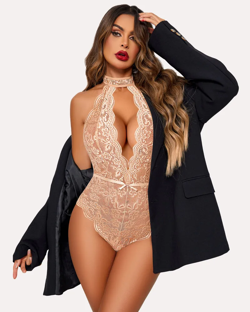 Snap Crotch Lace Deep V Bodysuit