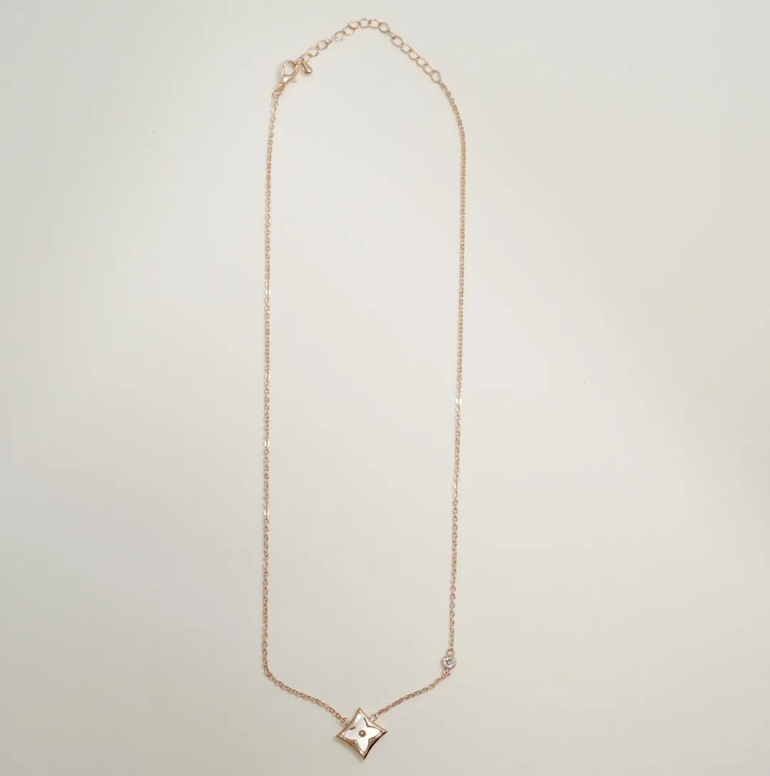 Sophisticated Zirconia Studded Floral Mother of Pearl Rose Gold Plated Chain Pendant Necklace