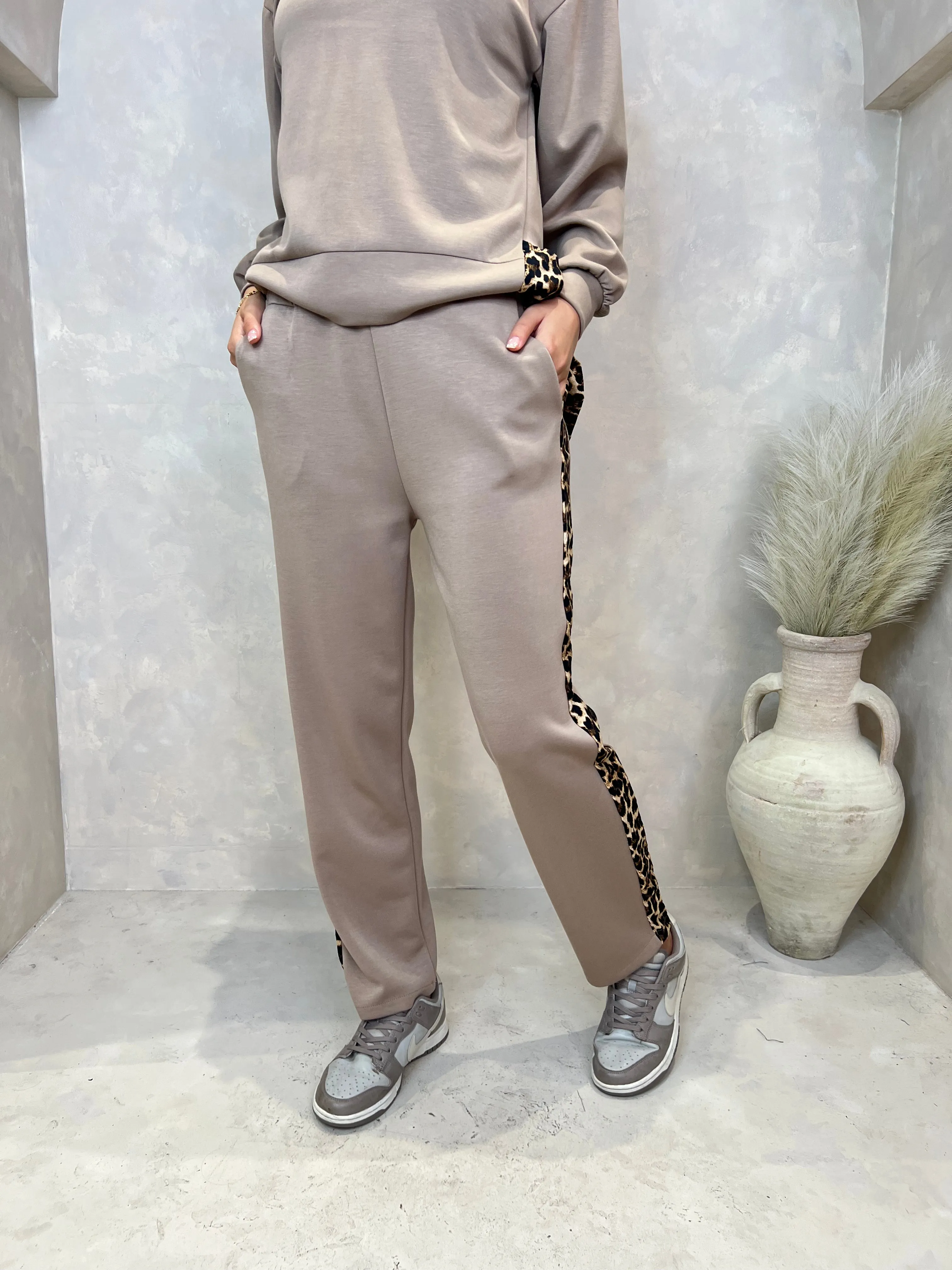 Taupe Leopard Print Trim Straight Leg Jogging Bottoms