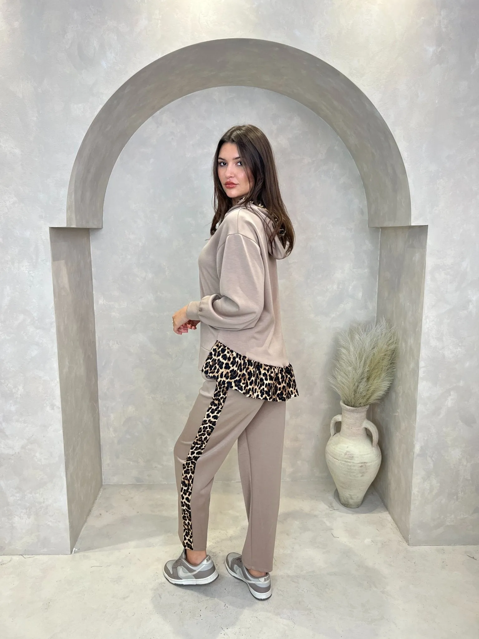 Taupe Leopard Print Trim Straight Leg Jogging Bottoms