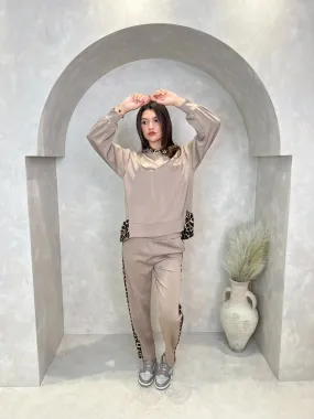 Taupe Leopard Print Trim Straight Leg Jogging Bottoms