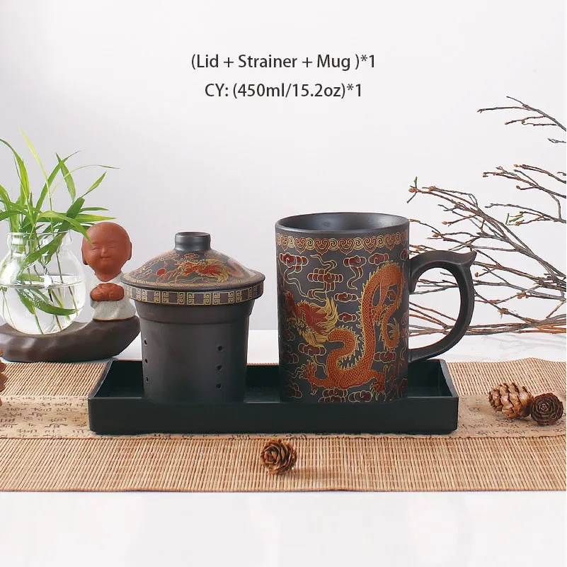 Traditional Chinese Dragon Purple Clay Handmade Tea Mug with Lid Strainer