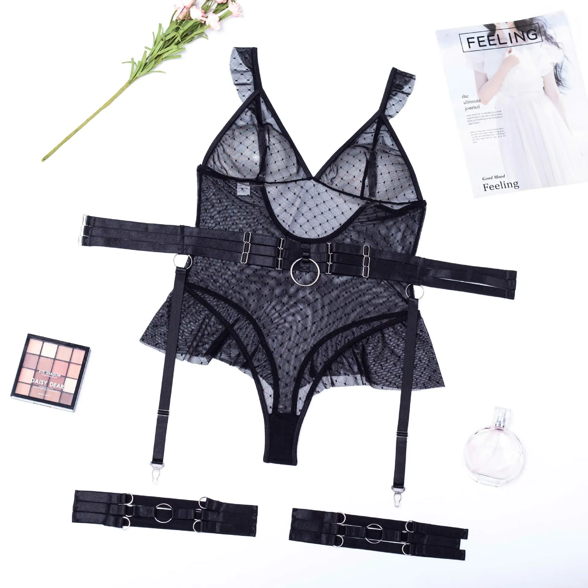 'Void' Black Polka Dot Lace Lingerie Bodysuit