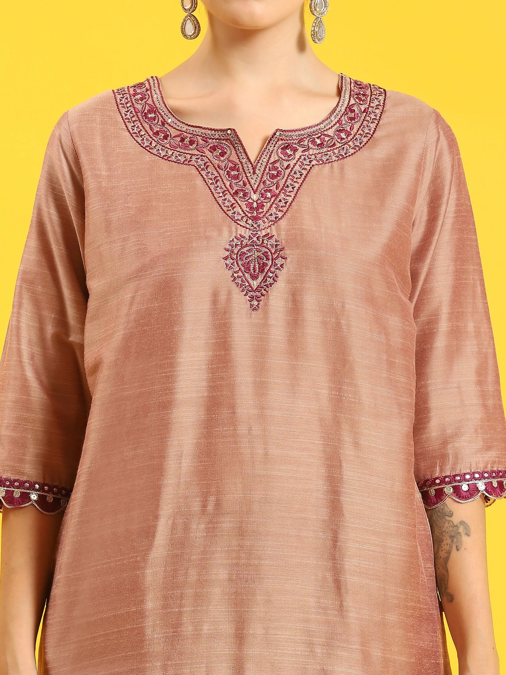 Women Beige Embroidered Kurta Trouser Dupatta