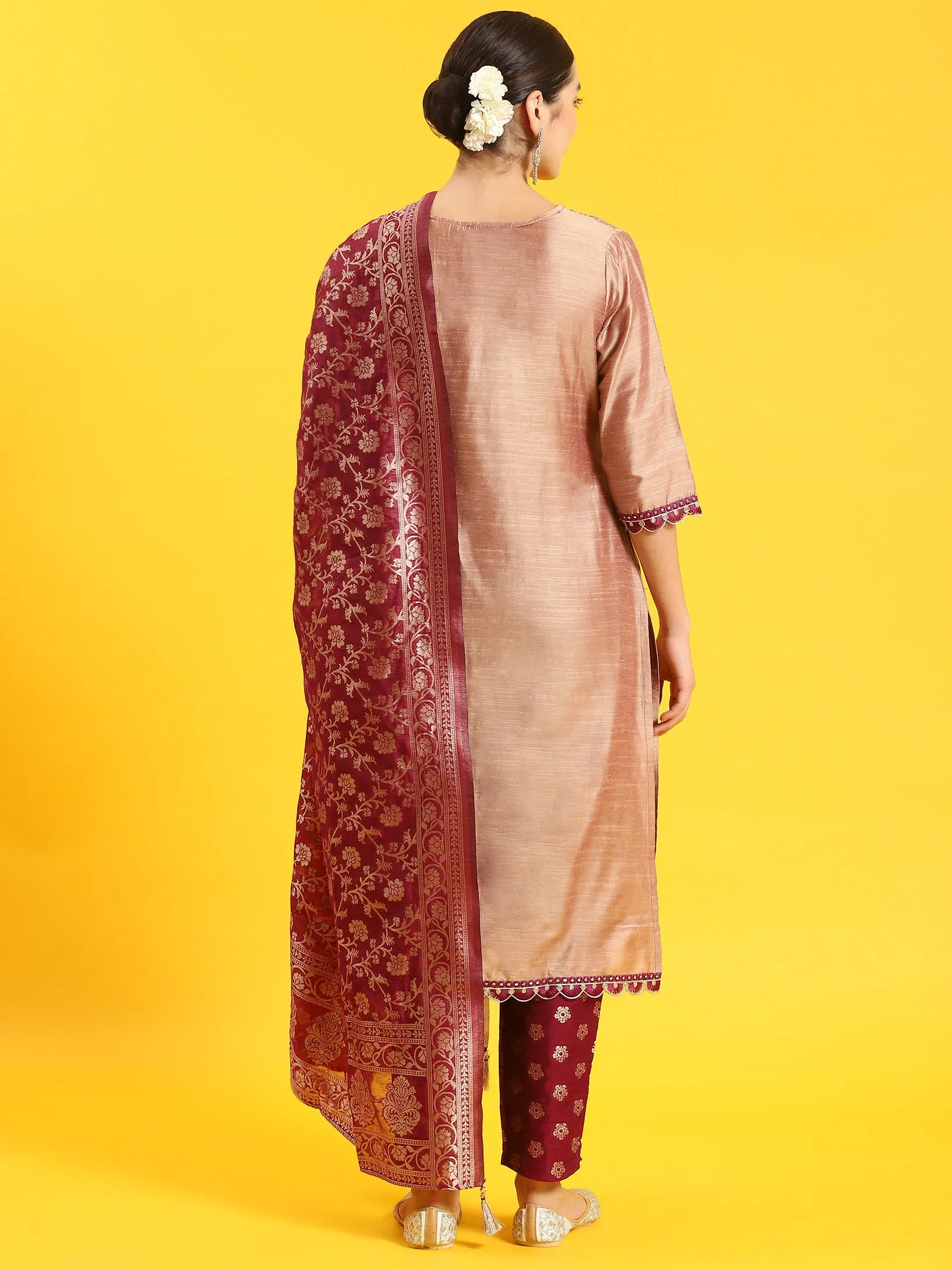 Women Beige Embroidered Kurta Trouser Dupatta